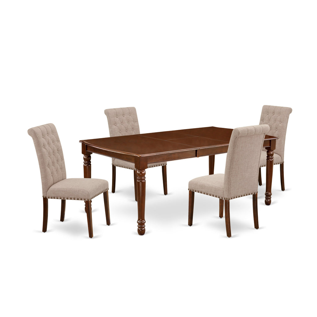East West Furniture DOBR5-MAH-04 5 Piece Kitchen Table Set Includes a Rectangle Dining Room Table with Butterfly Leaf and 4 Light Tan Linen Fabric Parsons Chairs, 42x78 Inch, Mahogany
