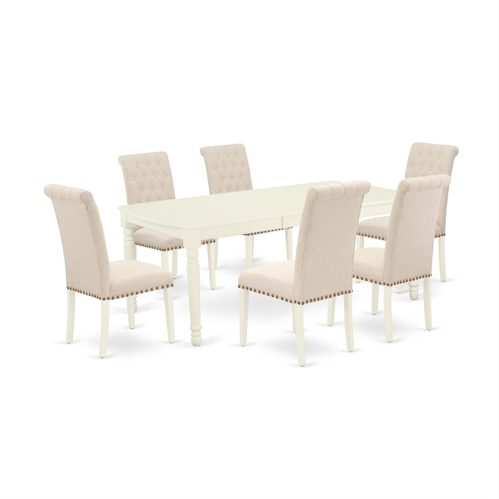 East West Furniture DOBR7-LWH-02 7 Piece Dining Table Set Consist of a Rectangle Table with Butterfly Leaf and 6 Light Beige Linen Fabric Upholstered Chairs, 42x78 Inch, Linen White