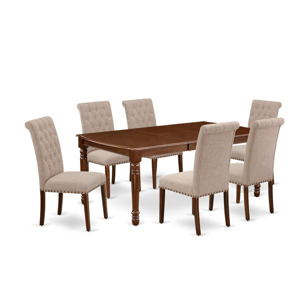 East West Furniture DOBR7-MAH-04 7 Piece Kitchen Table Set Consist of a Rectangle Dining Table with Butterfly Leaf and 6 Light Tan Linen Fabric Parson Dining Chairs, 42x78 Inch, Mahogany