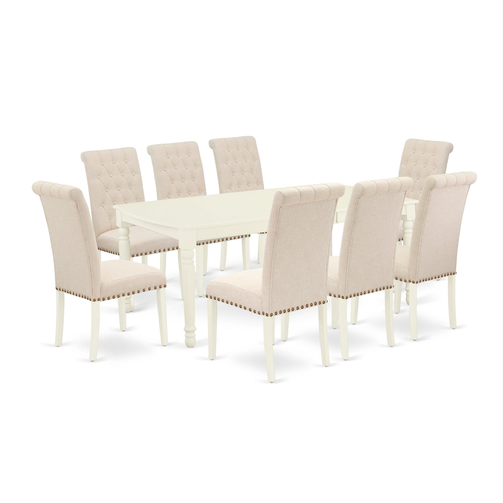 East West Furniture DOBR9-LWH-02 9 Piece Dining Set Includes a Rectangle Dining Room Table with Butterfly Leaf and 8 Light Beige Linen Fabric Upholstered Chairs, 42x78 Inch, Linen White