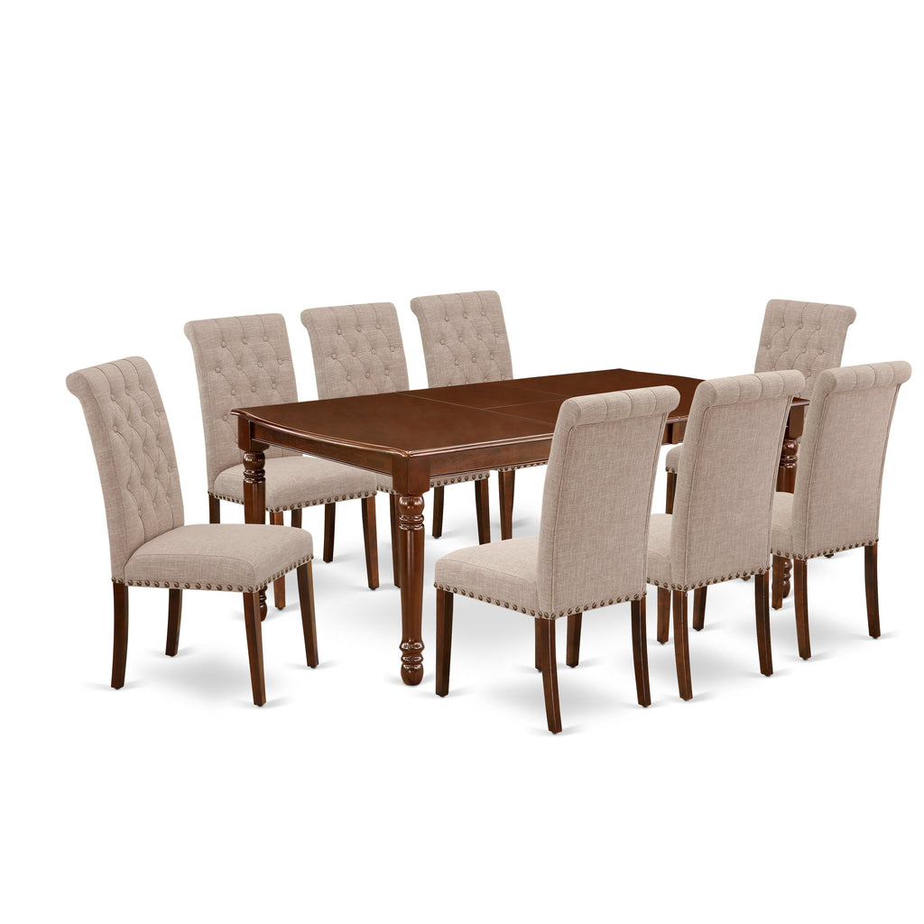 East West Furniture DOBR9-MAH-04 9 Piece Dining Set Includes a Rectangle Dining Room Table with Butterfly Leaf and 8 Light Tan Linen Fabric Upholstered Chairs, 42x78 Inch, Mahogany