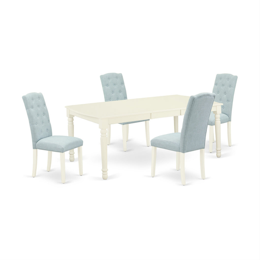 East West Furniture DOCE5-LWH-15 5 Piece Dining Set Includes a Rectangle Dining Room Table with Butterfly Leaf and 4 Baby Blue Linen Fabric Upholstered Chairs, 42x78 Inch, Linen White