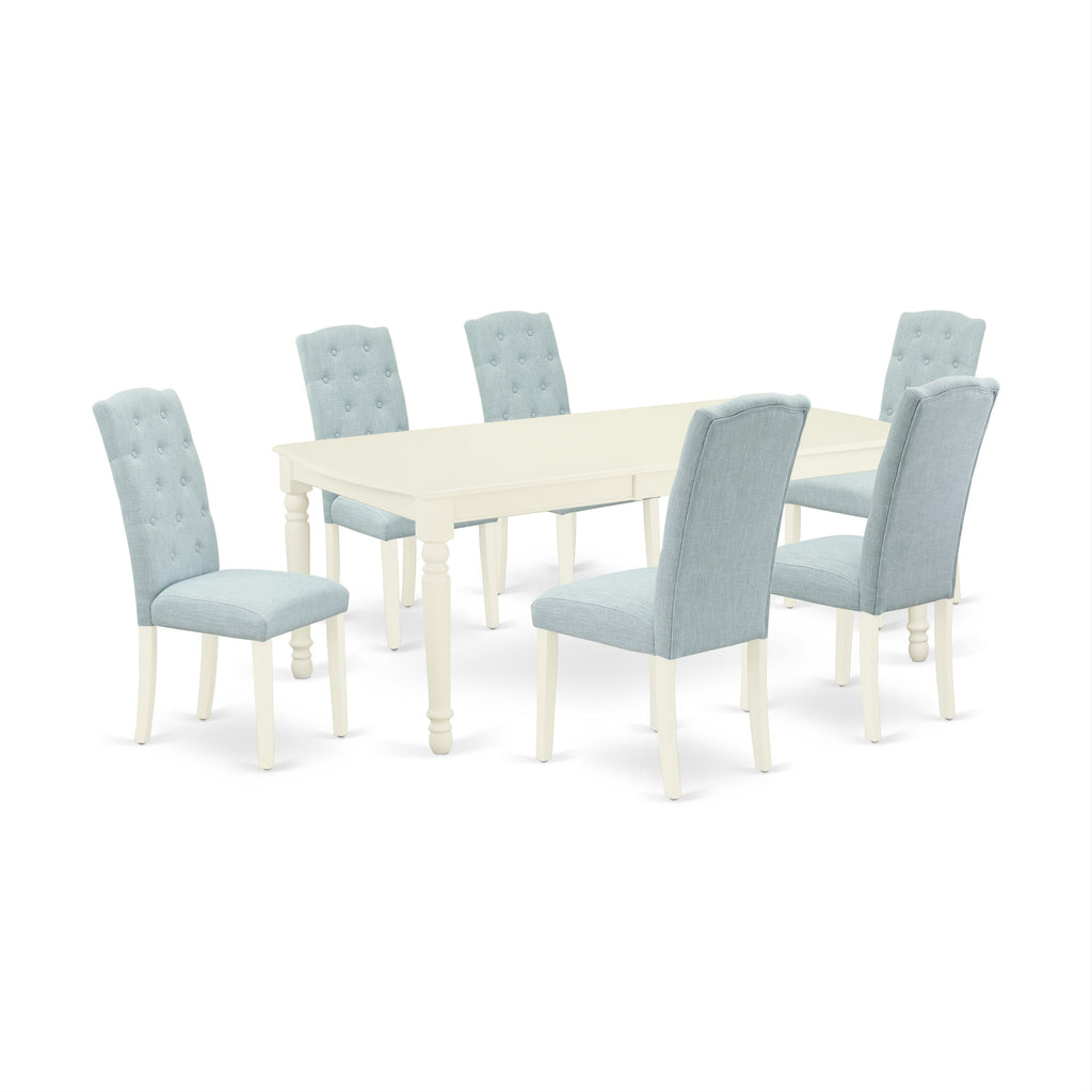 East West Furniture DOCE7-LWH-15 7 Piece Kitchen Table & Chairs Set Consist of a Rectangle Butterfly Leaf Dining Table and 6 Baby Blue Linen Fabric Parson Chairs, 42x78 Inch, Linen White