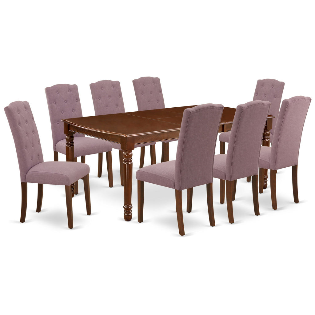East West Furniture DOCE9-MAH-10 9 Piece Dining Table Set Includes a Rectangle Dinner Table with Butterfly Leaf and 8 Dahlia Linen Fabric Parson Dining Chairs, 42x78 Inch, Mahogany