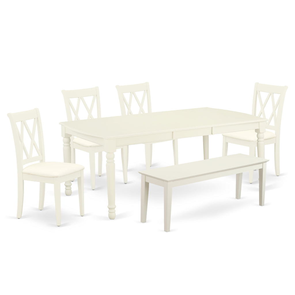 East West Furniture DOCL6-LWH-C 6 Piece Modern Dining Table Set Contains a Rectangle Wooden Table with Butterfly Leaf and 4 Linen Fabric Dining Chairs with a Bench, 42x78 Inch, Linen White