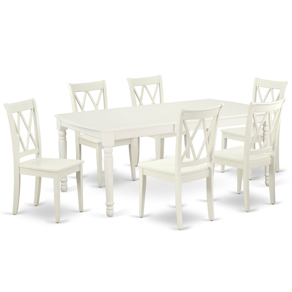East West Furniture DOCL7-LWH-W 7 Piece Modern Dining Table Set Consist of a Rectangle Wooden Table with Butterfly Leaf and 6 Kitchen Dining Chairs, 42x78 Inch, Linen White