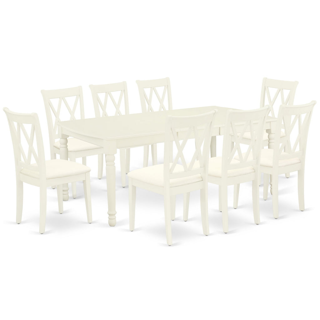 East West Furniture DOCL9-LWH-C 9 Piece Dining Table Set Includes a Rectangle Wooden Table with Butterfly Leaf and 8 Linen Fabric Dining Room Chairs, 42x78 Inch, Linen White