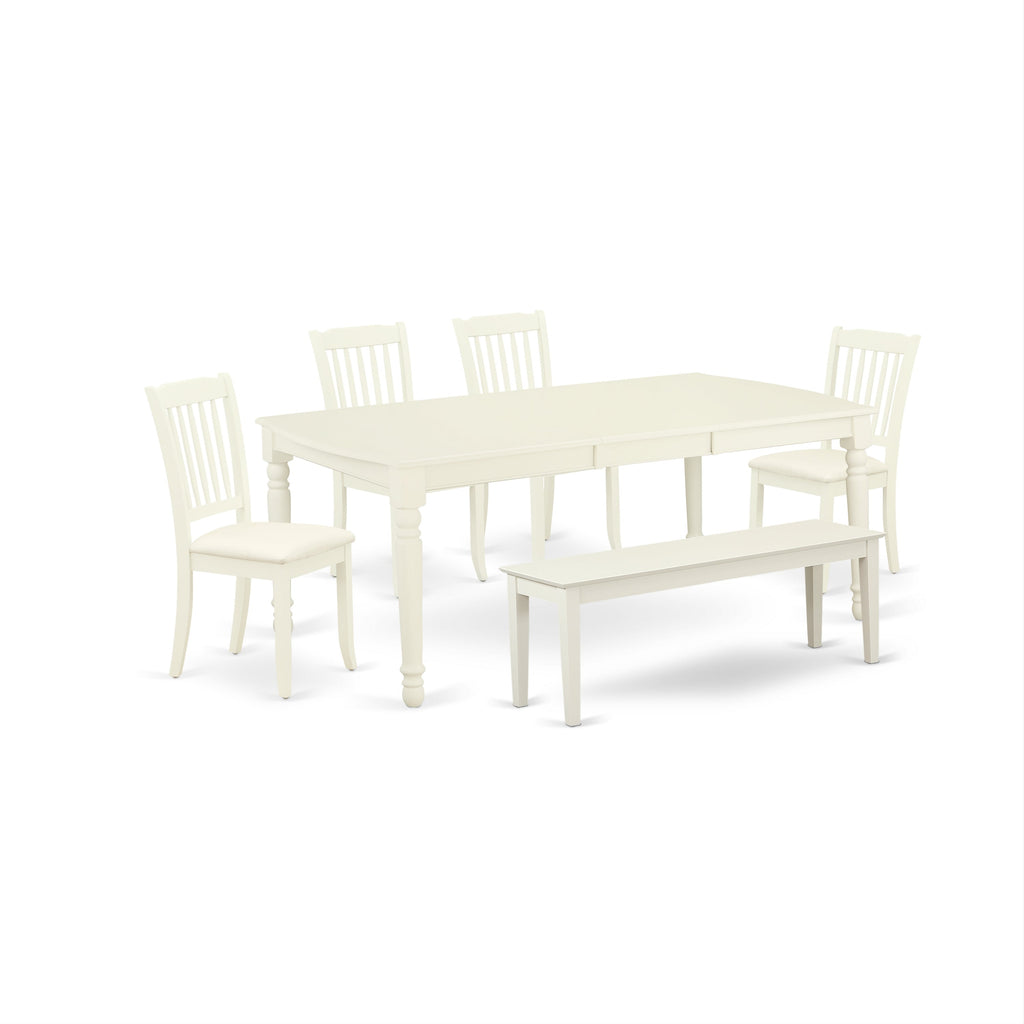 DODA6C-LWH-C 6Pc Dining Set - 42x78" Rectangular Table, 4 Dining Chairs and a Bench - Linen White Color
