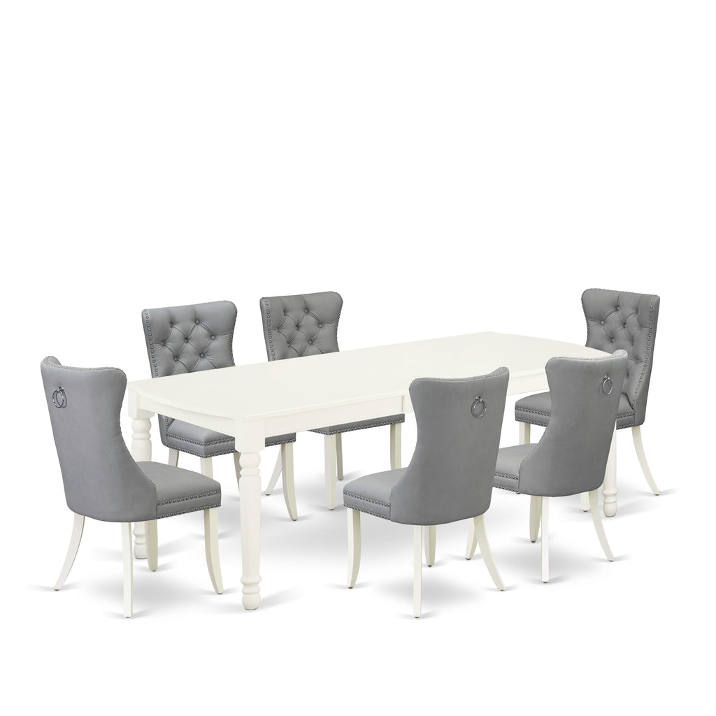 East West Furniture DODA7-LWH-27 7 Piece Dining Room Set Consists of a Rectangle Kitchen Table with Butterfly Leaf and 6 Upholstered Parson Chairs, 42x78 Inch, linen white