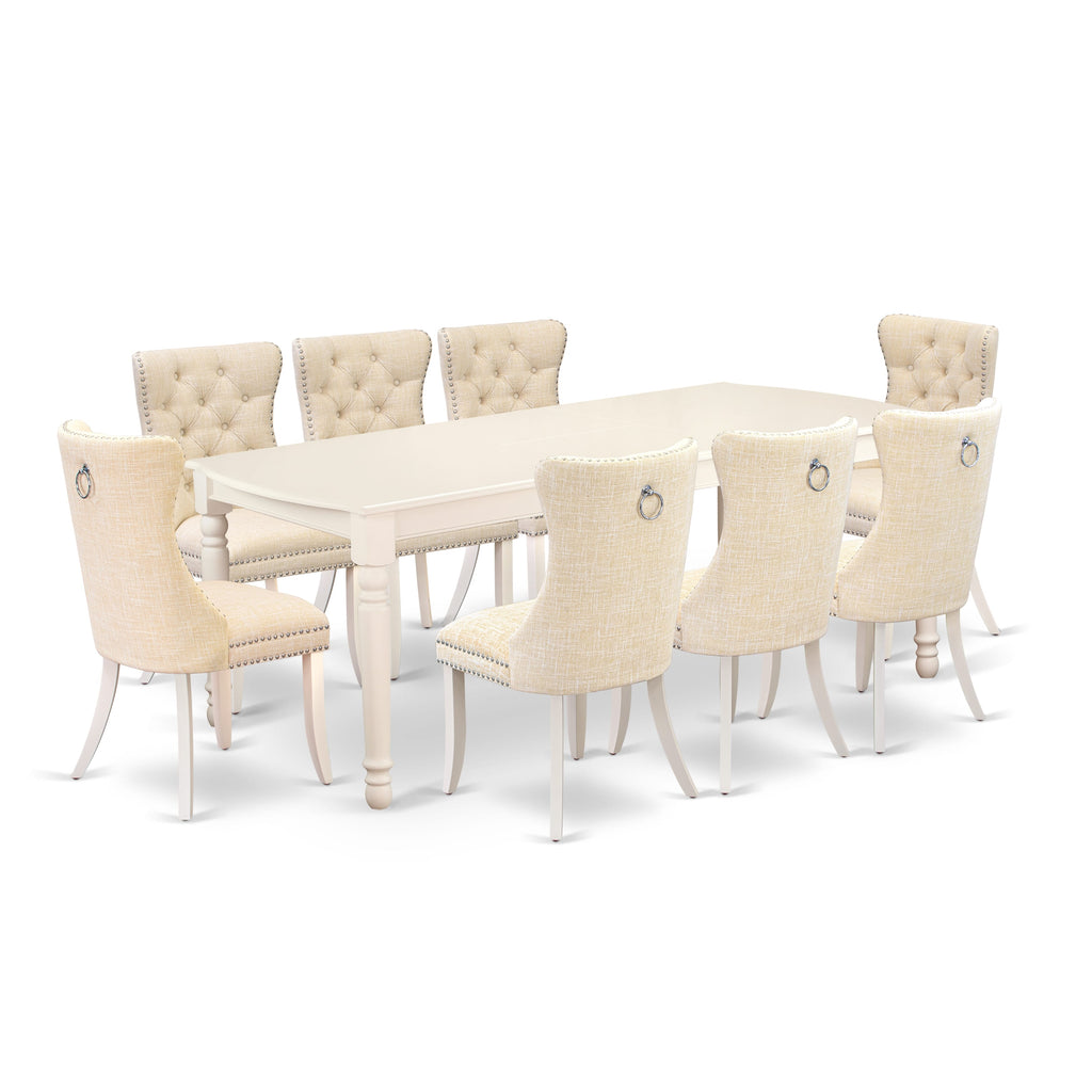 East West Furniture DODA9-LWH-32 9 Piece Kitchen Table Set Contains a Rectangle Dining Table with Butterfly Leaf and 8 Upholstered Chairs, 42x78 Inch, linen white