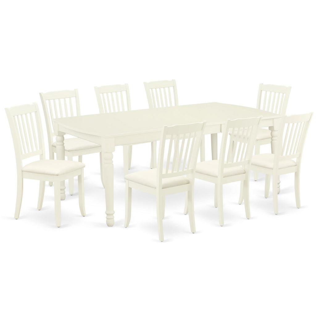 East West Furniture DODA9-LWH-C 9 Piece Dining Room Set Includes a Rectangle Kitchen Table with Butterfly Leaf and 8 Linen Fabric Upholstered Dining Chairs, 42x78 Inch, Linen White