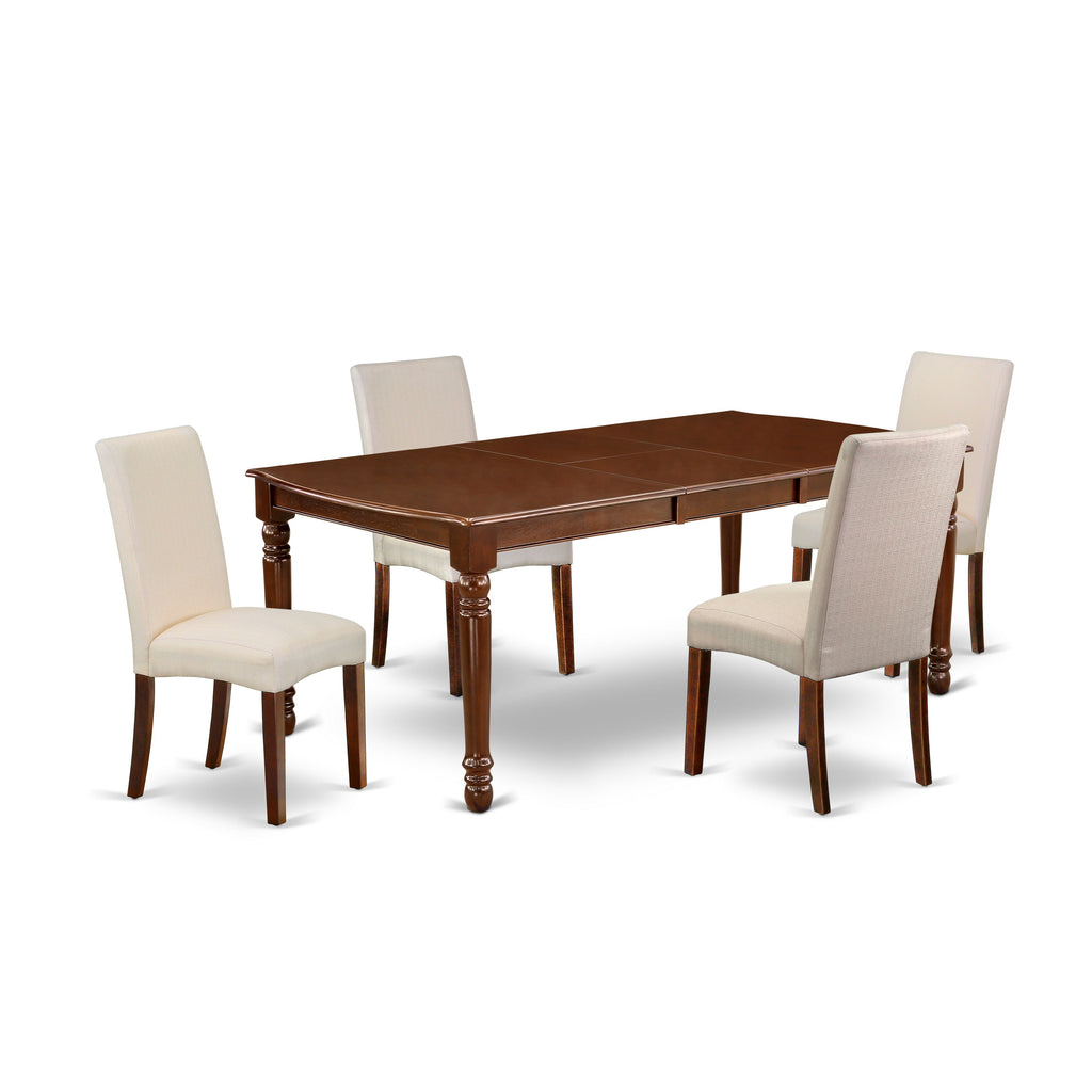 East West Furniture DODR5-MAH-01 5 Piece Dinette Set Includes a Rectangle Dining Table with Butterfly Leaf and 4 Cream Linen Fabric Parson Dining Room Chairs, 42x78 Inch, Mahogany