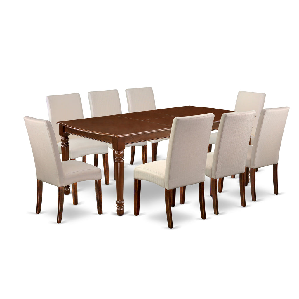 East West Furniture DODR9-MAH-01 9 Piece Dining Set Includes a Rectangle Dining Room Table with Butterfly Leaf and 8 Cream Linen Fabric Upholstered Parson Chairs, 42x78 Inch, Mahogany