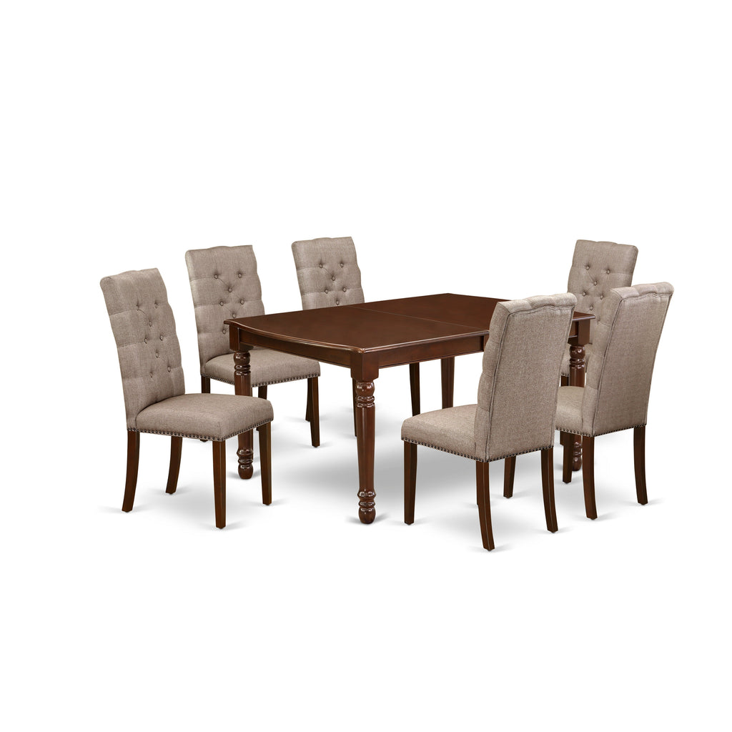 East West Furniture DOEL7-MAH-16 7 Piece Dining Set Consist of a Rectangle Dining Room Table with Butterfly Leaf and 6 Dark Khaki Linen Fabric Upholstered Chairs, 42x78 Inch, Mahogany