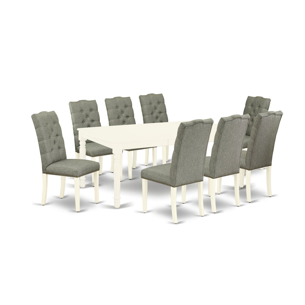 East West Furniture DOEL9-LWH-07 9 Piece Dining Table Set Includes a Rectangle Kitchen Table with Butterfly Leaf and 8 Gray Linen Fabric Parson Dining Chairs, 42x78 Inch, Linen White