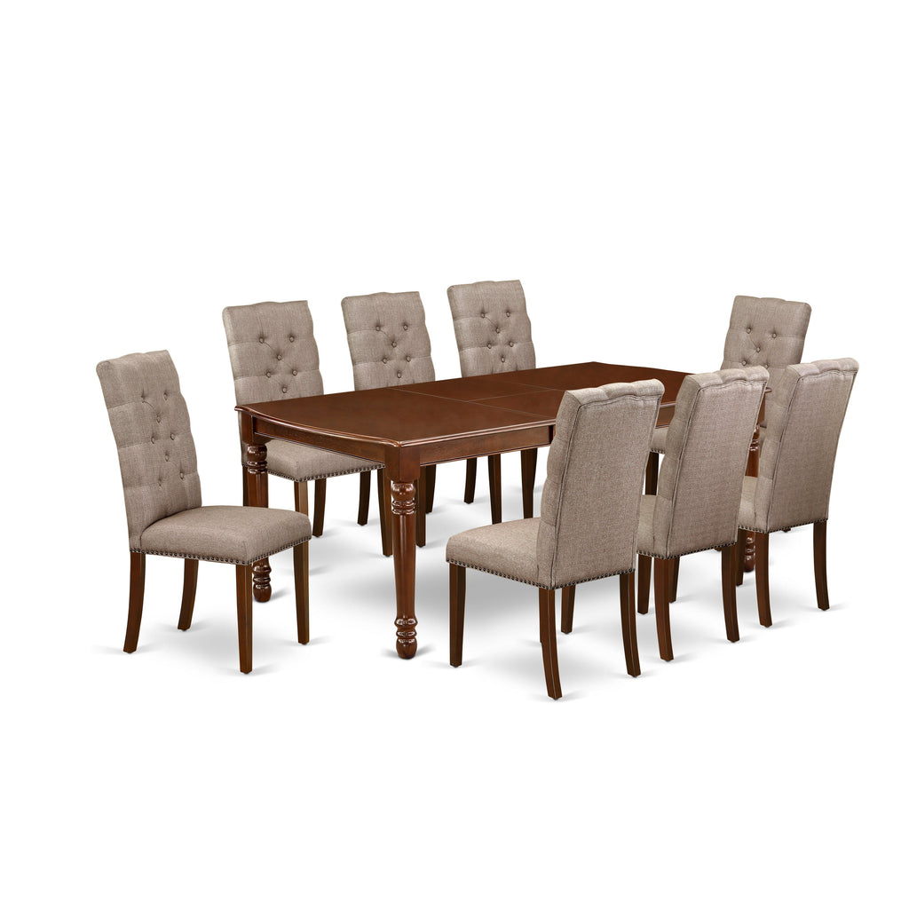 East West Furniture DOEL9-MAH-16 9 Piece Dining Room Set Includes a Rectangle Butterfly Leaf Kitchen Table and 8 Dark Khaki Linen Fabric Parsons Dining Chairs, 42x78 Inch, Mahogany