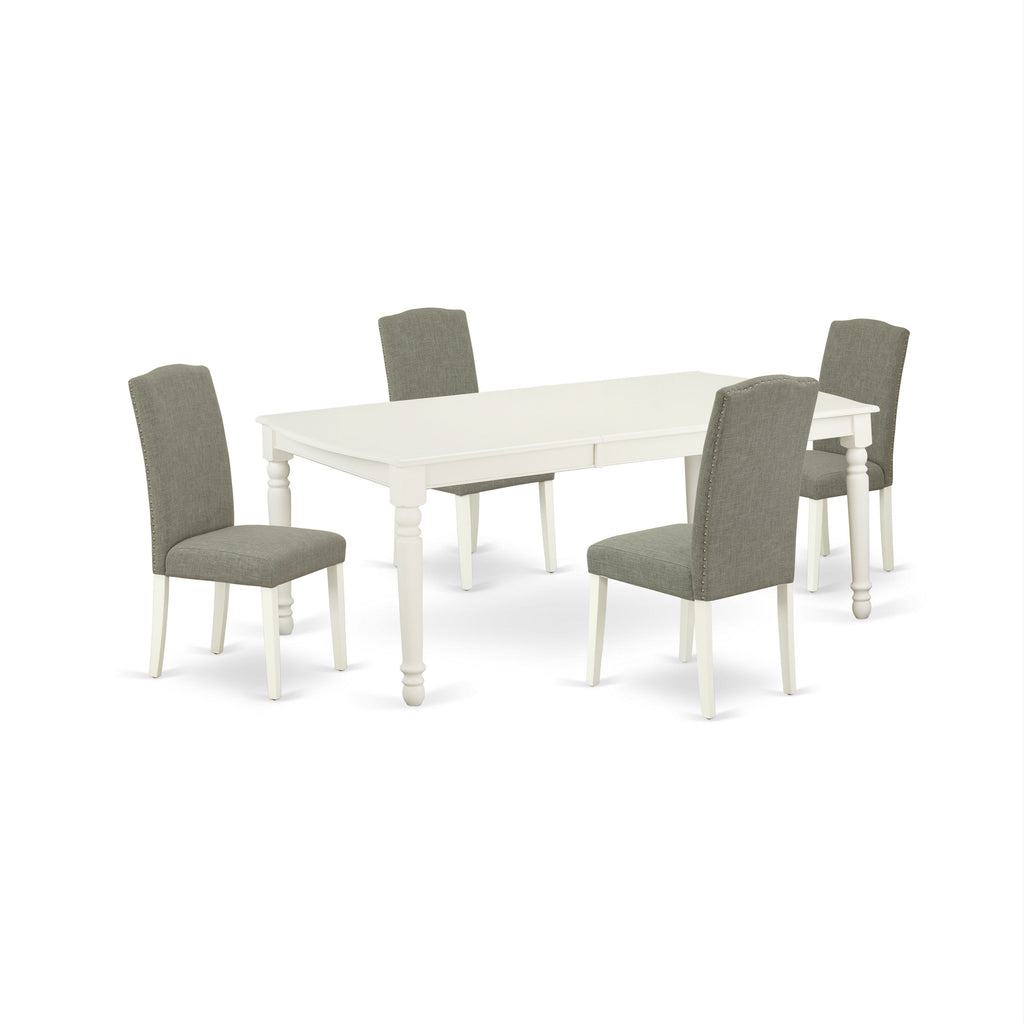 East West Furniture DOEN5-LWH-06 5 Piece Dining Set Includes a Rectangle Dining Room Table with Butterfly Leaf and 4 Dark Shitake Linen Fabric Upholstered Chairs, 42x78 Inch, Linen White