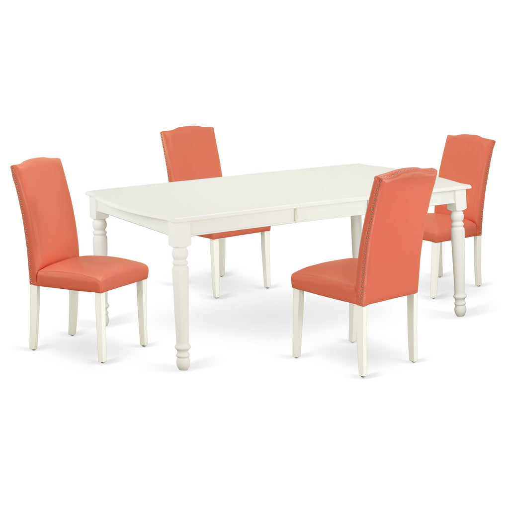 East West Furniture DOEN5-LWH-78 5 Piece Dining Table Set for 4 Includes a Rectangle Kitchen Table with Butterfly Leaf and 4 Pink Flamingo Faux Leather Parson Chairs, 42x78 Inch, Linen White