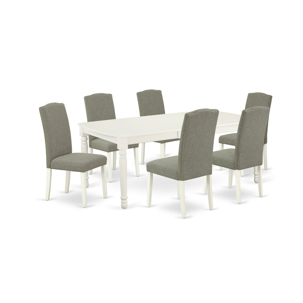 East West Furniture DOEN7-LWH-06 7 Piece Dining Room Set Consist of a Rectangle Wooden Table with Butterfly Leaf and 6 Dark Shitake Linen Fabric Parson Dining Chairs, 42x78 Inch, Linen White