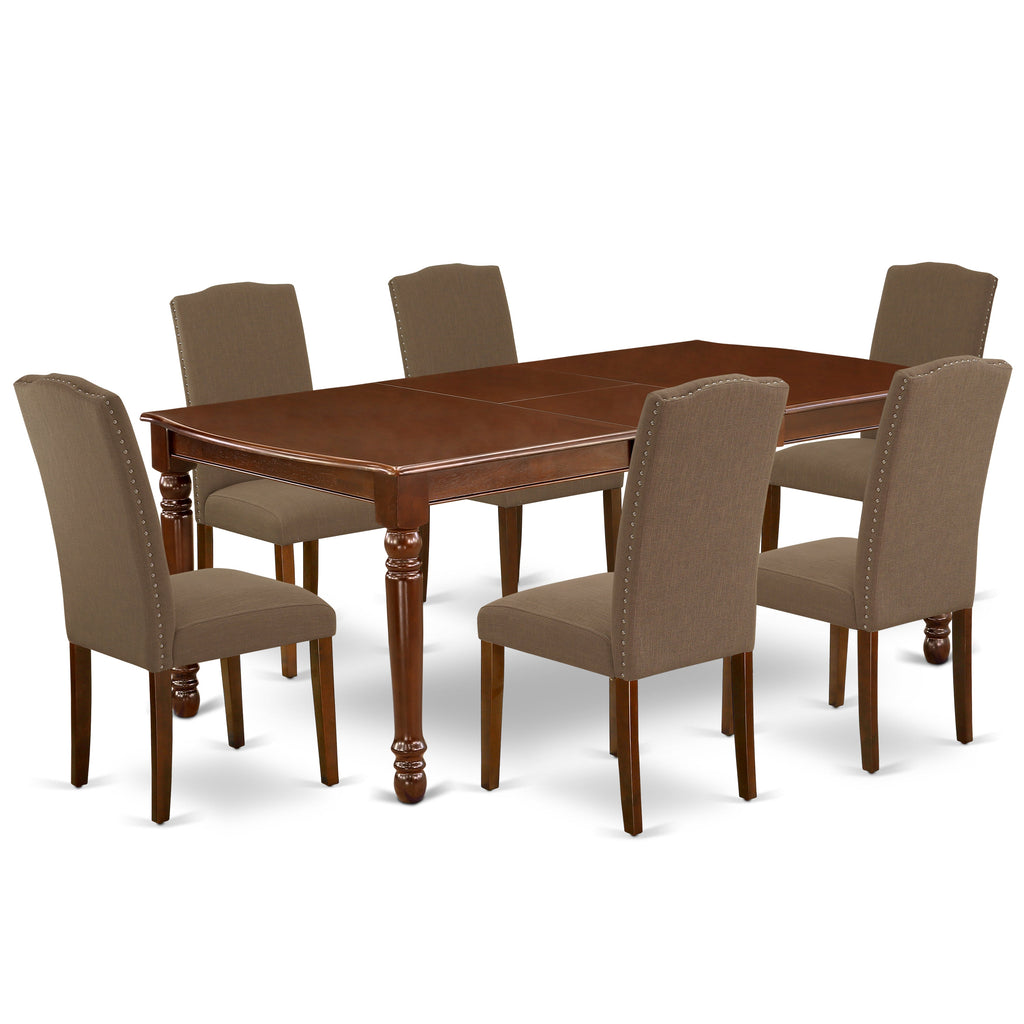 East West Furniture DOEN7-MAH-18 7 Piece Dining Table Set Consist of a Rectangle Wooden Table with Butterfly Leaf and 6 Dark Coffee Linen Fabric Upholstered Chairs, 42x78 Inch, Mahogany