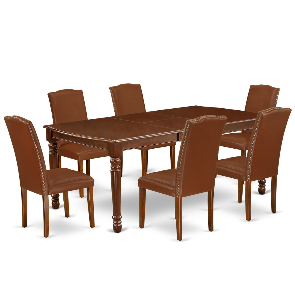 East West Furniture DOEN7-MAH-66 7 Piece Dining Table Set Consist of a Rectangle Dining Room Table with Butterfly Leaf and 6 Brown Faux Faux Leather Parson Chairs, 42x78 Inch, Mahogany