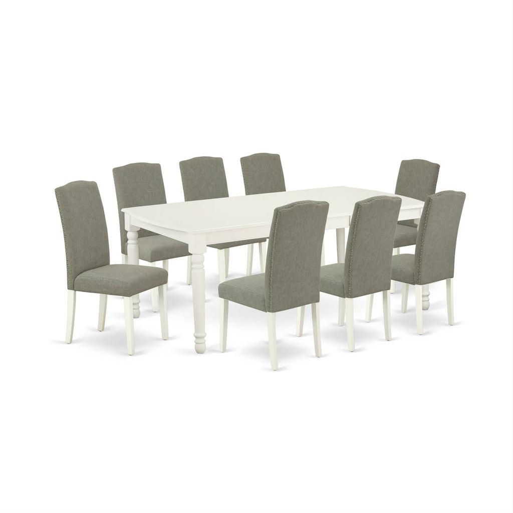 East West Furniture DOEN9-LWH-06 9 Piece Kitchen Table Set Includes a Rectangle Dining Table with Butterfly Leaf and 8 Dark Shitake Linen Fabric Padded Chairs, 42x78 Inch, Linen White