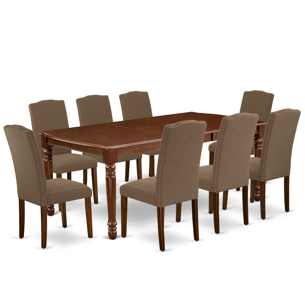 East West Furniture DOEN9-MAH-18 9 Piece Dining Set Includes a Rectangle Dining Room Table with Butterfly Leaf and 8 Dark Coffee Linen Fabric Upholstered Chairs, 42x78 Inch, Mahogany