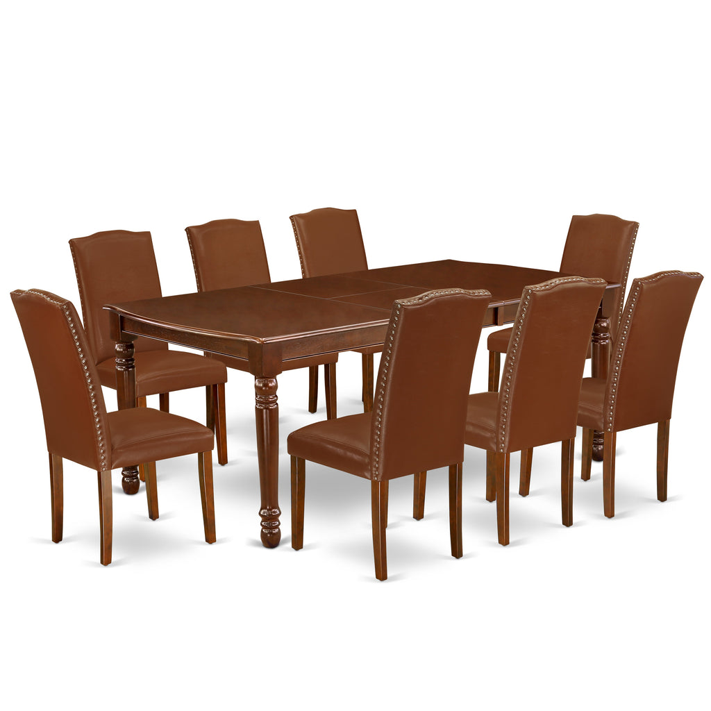East West Furniture DOEN9-MAH-66 9 Piece Kitchen Table Set Includes a Rectangle Dining Table with Butterfly Leaf and 8 Brown Faux Faux Leather Parson Chairs, 42x78 Inch, Mahogany