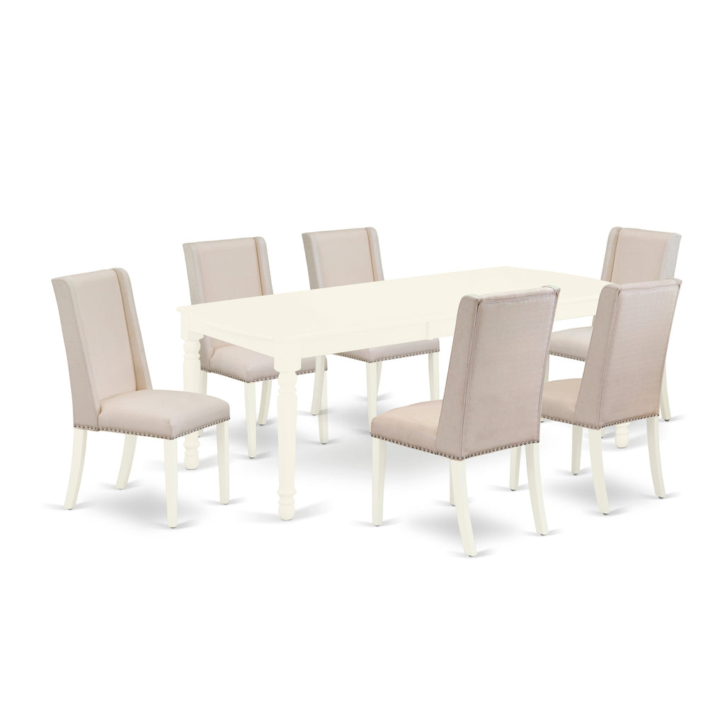 East West Furniture DOFL7-LWH-01 7 Piece Dining Room Furniture Set Consist of a Rectangle Wooden Table with Butterfly Leaf and 6 Cream Linen Fabric Parson Chairs, 42x78 Inch, Linen White
