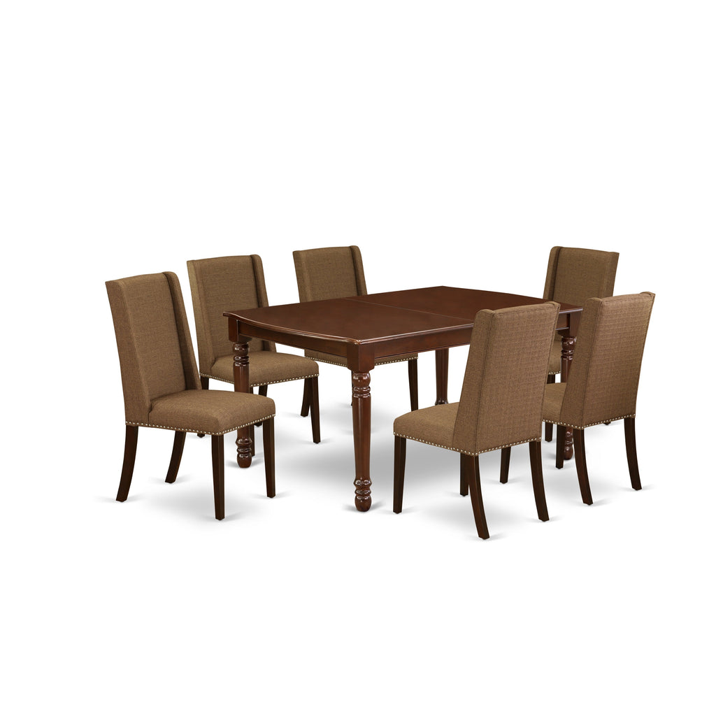 East West Furniture DOFL7-MAH-18 7 Piece Dining Table Set Consist of a Rectangle Dinner Table with Butterfly Leaf and 6 Brown Linen Linen Fabric Parson Dining Chairs, 42x78 Inch, Mahogany