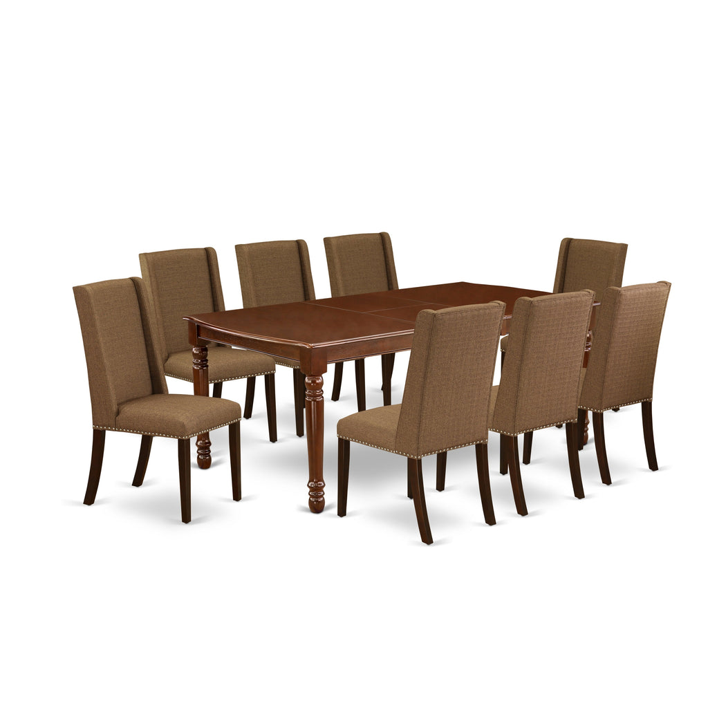 East West Furniture DOFL9-MAH-18 9 Piece Modern Dining Table Set Includes a Rectangle Wooden Table with Butterfly Leaf and 8 Brown Linen Linen Fabric Parson Chairs, 42x78 Inch, Mahogany