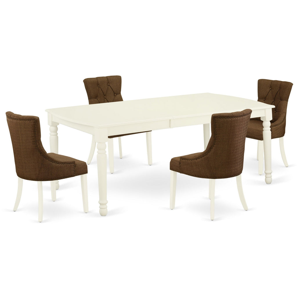 East West Furniture DOFR5-LWH-18 5 Piece Dinette Set Includes a Rectangle Dining Table with Butterfly Leaf and 4 Brown Linen Linen Fabric Parson Dining Chairs, 42x78 Inch, Linen White