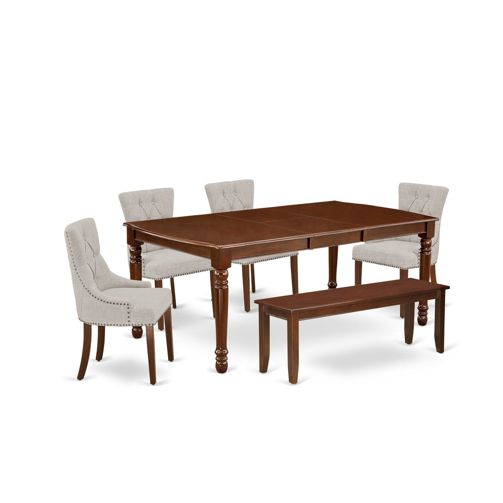 East West Furniture DOFR6-MAH-05 6 Piece Dinette Set Contains a Rectangle Dining Table with Butterfly Leaf and 4 Doeskin Linen Fabric Parson Chairs with a Bench, 42x78 Inch, Mahogany