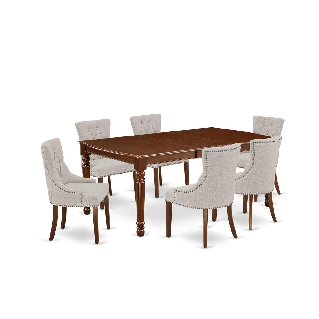 East West Furniture DOFR7-MAH-05 7 Piece Dining Table Set Consist of a Rectangle Butterfly Leaf Kitchen Table and 6 Doeskin Linen Fabric Upholstered Chairs, 42x78 Inch, Mahogany