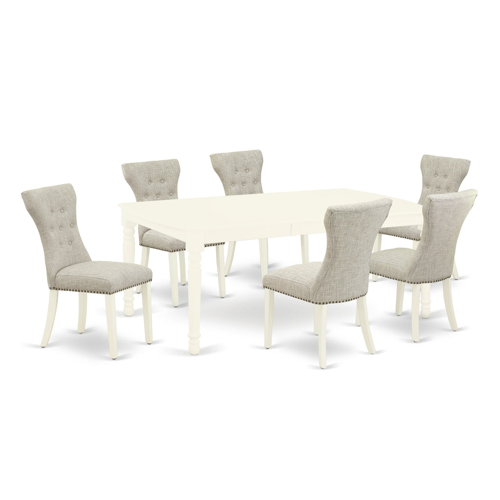East West Furniture DOGA7-LWH-35 7 Piece Dining Set Consist of a Rectangle Dining Room Table with Butterfly Leaf and 6 Doeskin Linen Fabric Upholstered Chairs, 42x78 Inch, Linen White