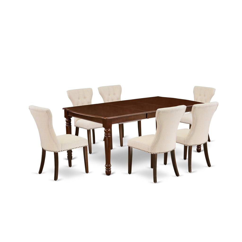 East West Furniture DOGA7-MAH-32 7 Piece Dining Table Set Consist of a Rectangle Table with Butterfly Leaf and 6 Light Beige Linen Fabric Upholstered Chairs, 42x78 Inch, Mahogany