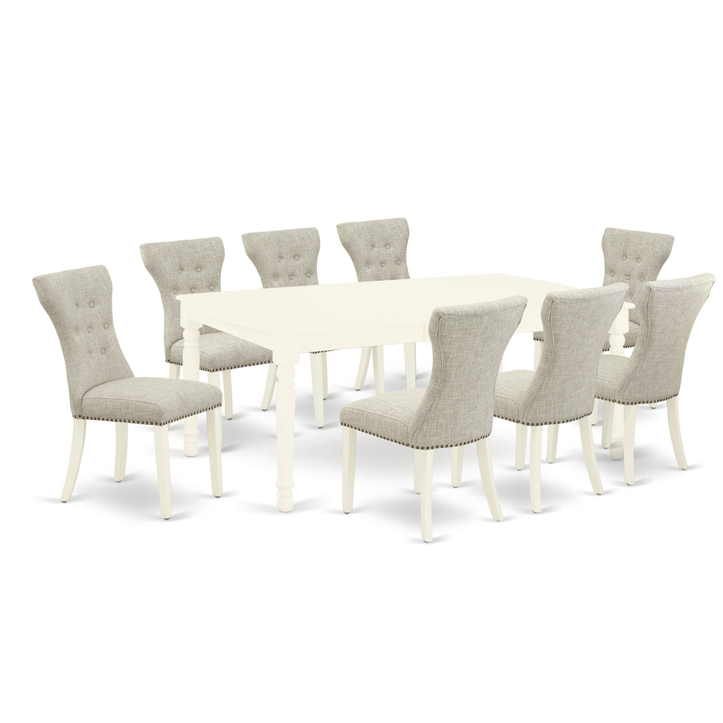 East West Furniture DOGA9-LWH-35 9 Piece Dining Table Set Includes a Rectangle Dinner Table with Butterfly Leaf and 8 Doeskin Linen Fabric Parson Dining Chairs, 42x78 Inch, Linen White