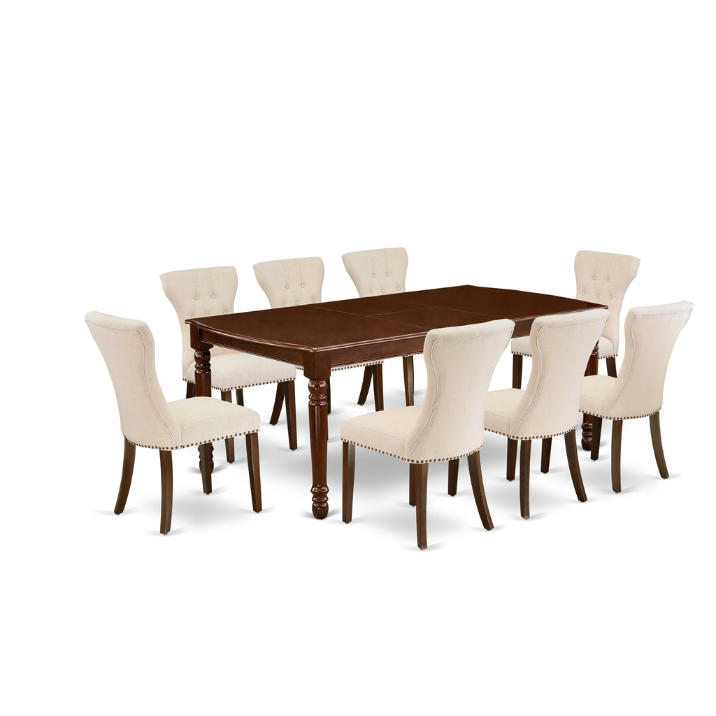 East West Furniture DOGA9-MAH-32 9 Piece Dining Table Set Includes a Rectangle Butterfly Leaf Kitchen Table and 8 Light Beige Linen Fabric Upholstered Chairs, 42x78 Inch, Mahogany