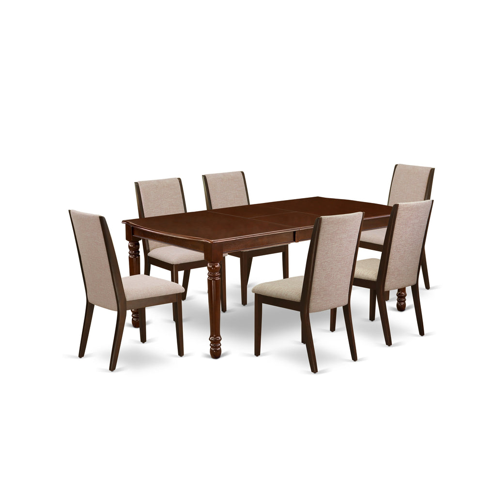 East West Furniture DOLA7-MAH-04 7 Piece Dining Table Set Consist of a Rectangle Dining Room Table with Butterfly Leaf and 6 Light Tan Linen Fabric Parsons Chairs, 42x78 Inch, Mahogany