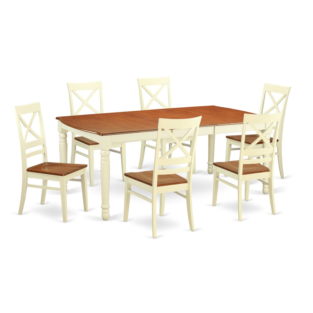 East West Furniture DOQU7-WHI-W 7 Piece Dining Room Table Set Consist of a Rectangle Wooden Table with Butterfly Leaf and 6 Kitchen Dining Chairs, 42x78 Inch, Buttermilk & Cherry