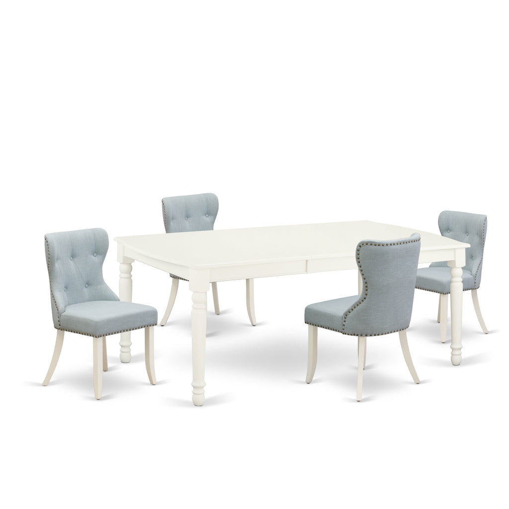 East West Furniture DOSI5-LWH-15 5 Piece Kitchen Table Set Includes a Rectangle Dining Room Table with Butterfly Leaf and 4 Baby Blue Linen Fabric Parsons Chairs, 42x78 Inch, Linen White