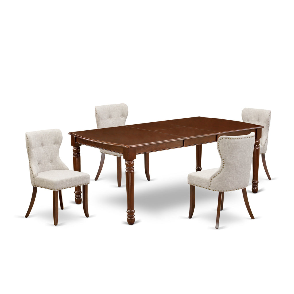 East West Furniture DOSI5-MAH-35 5 Piece Dining Set Includes a Rectangle Dining Room Table with Butterfly Leaf and 4 Doeskin Linen Fabric Upholstered Chairs, 42x78 Inch, Mahogany