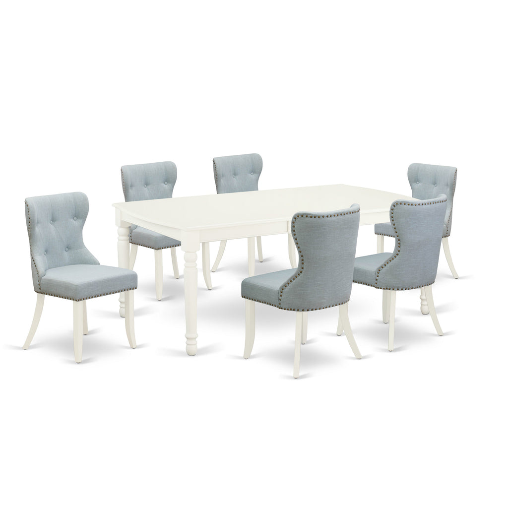East West Furniture DOSI7-LWH-15 7 Piece Kitchen Table Set Consist of a Rectangle Dining Table with Butterfly Leaf and 6 Baby Blue Linen Fabric Parson Dining Chairs, 42x78 Inch, Linen White