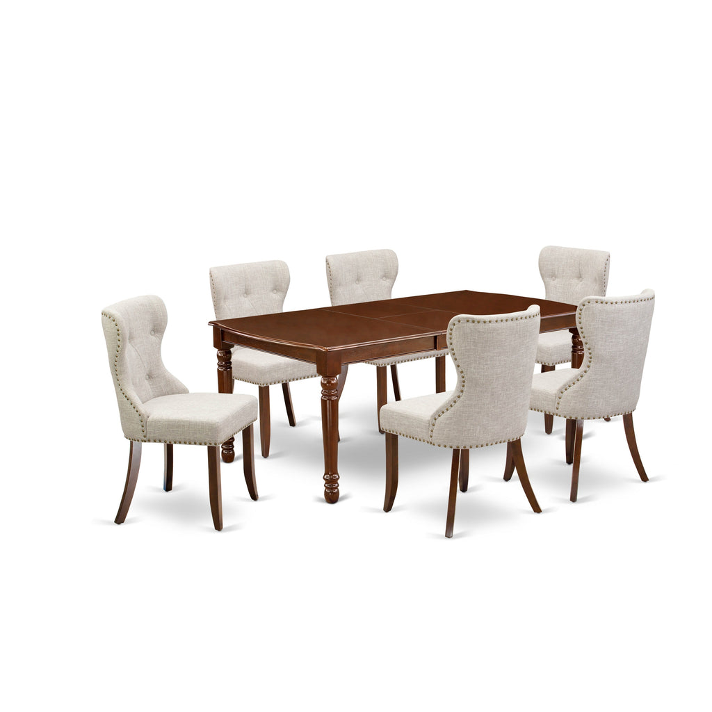 East West Furniture DOSI7-MAH-35 7 Piece Dining Table Set Consist of a Rectangle Dining Room Table with Butterfly Leaf and 6 Doeskin Linen Fabric Upholstered Chairs, 42x78 Inch, Mahogany