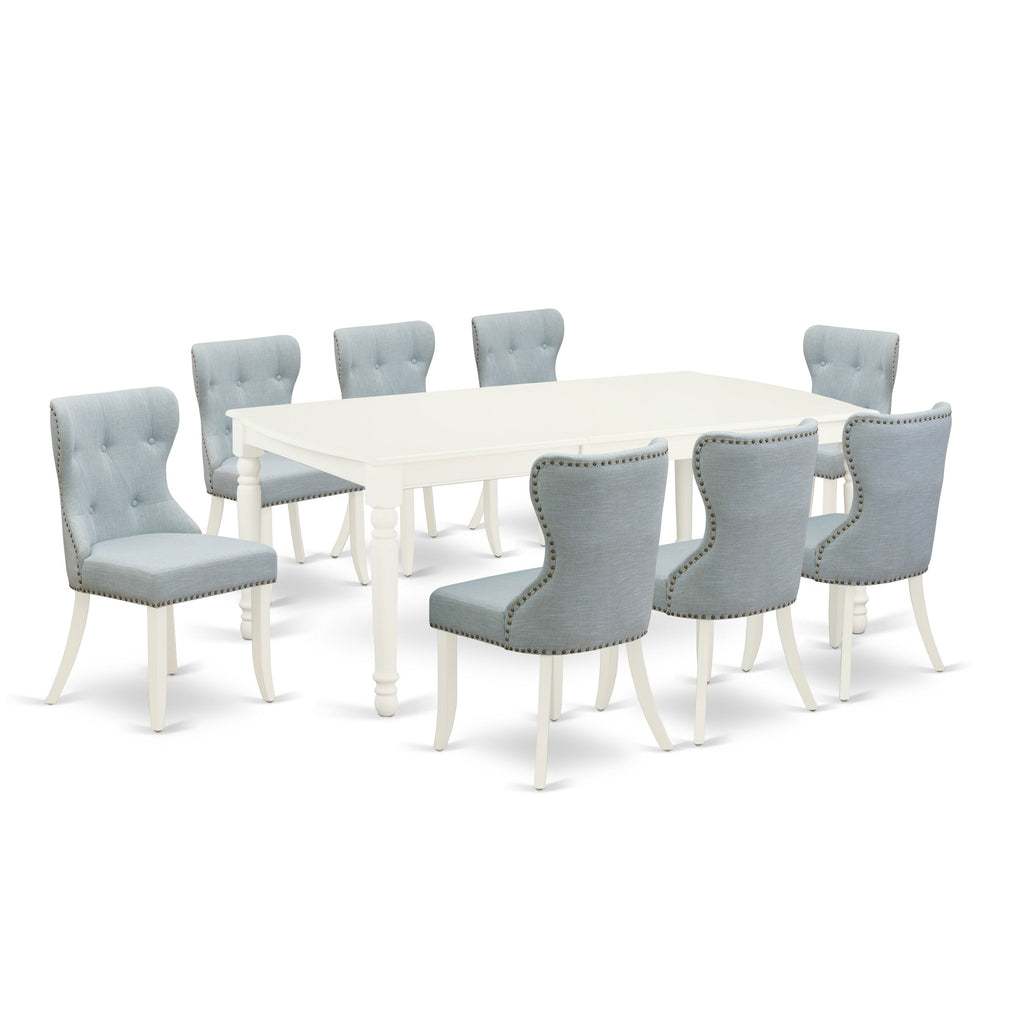 East West Furniture DOSI9-LWH-15 9 Piece Dining Table Set Includes a Rectangle Dining Room Table with Butterfly Leaf and 8 Baby Blue Linen Fabric Upholstered Chairs, 42x78 Inch, Linen White