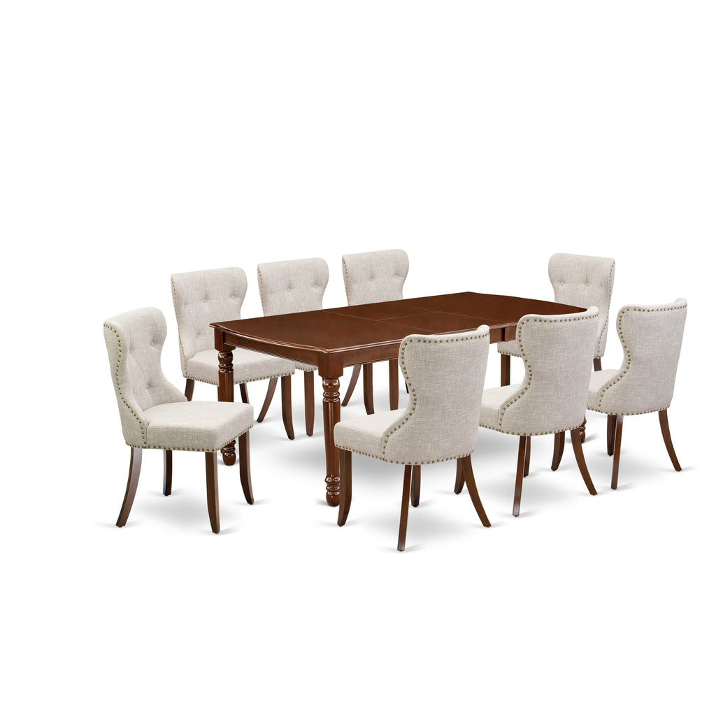 East West Furniture DOSI9-MAH-35 9 Piece Dining Table Set Includes a Rectangle Dining Room Table with Butterfly Leaf and 8 Doeskin Linen Fabric Parsons Chairs, 42x78 Inch, Mahogany