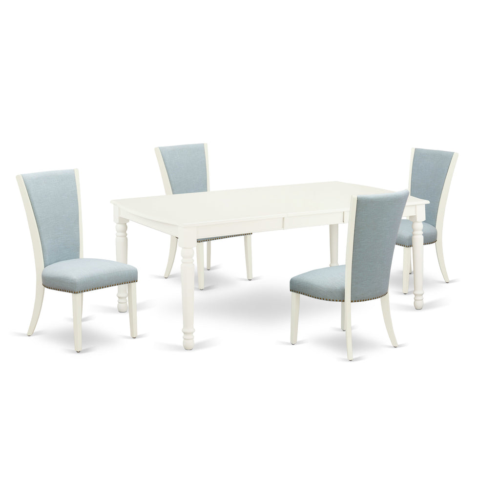 East West Furniture DOVE5-LWH-15 5 Piece Dining Table Set Includes a Rectangle Kitchen Table with Butterfly Leaf and 4 Baby Blue Linen Fabric Upholstered Chairs, 42x78 Inch, Linen White