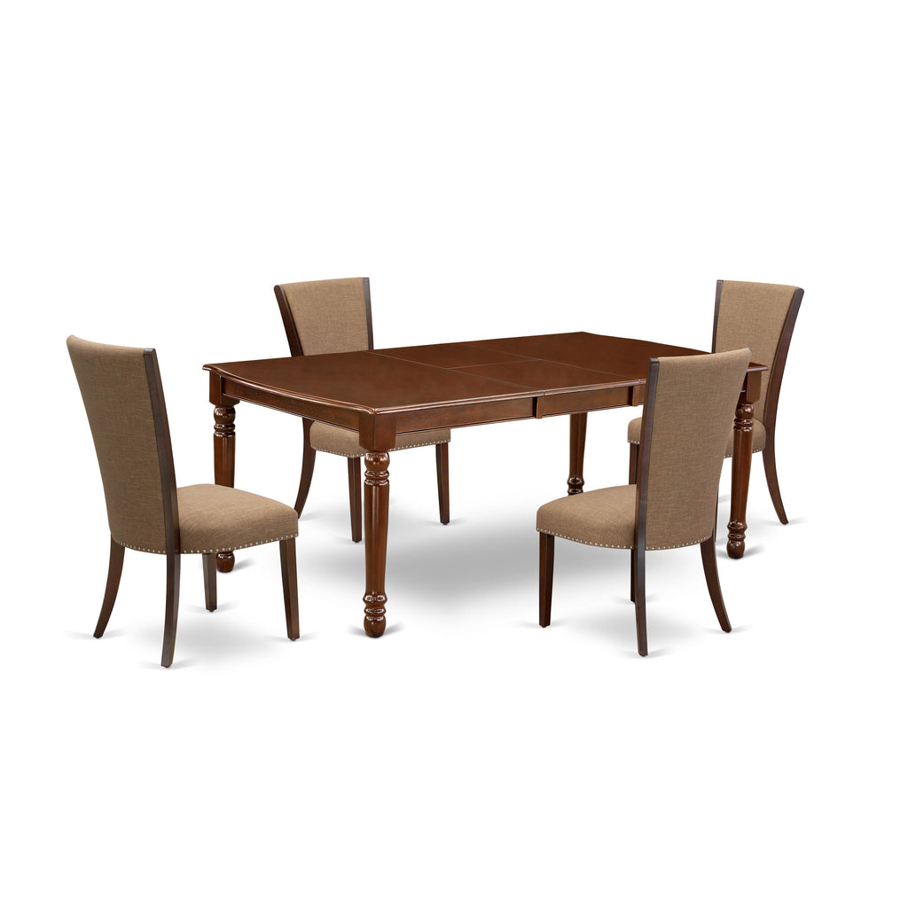 East West Furniture DOVE5-MAH-47 5 Piece Dining Table Set Includes a Rectangle Wooden Table with Butterfly Leaf and 4 Light Sable Linen Fabric Upholstered Chairs, 42x78 Inch, Mahogany