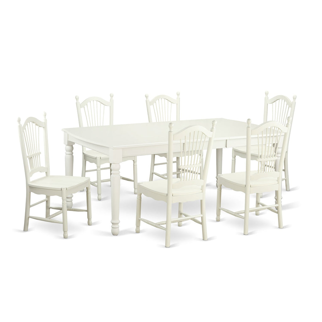 East West Furniture DOVE7-LWH-W 7 Piece Dining Table Set Consist of a Rectangle Dining Room Table with Butterfly Leaf and 6 Wooden Seat Chairs, 42x78 Inch, Linen White