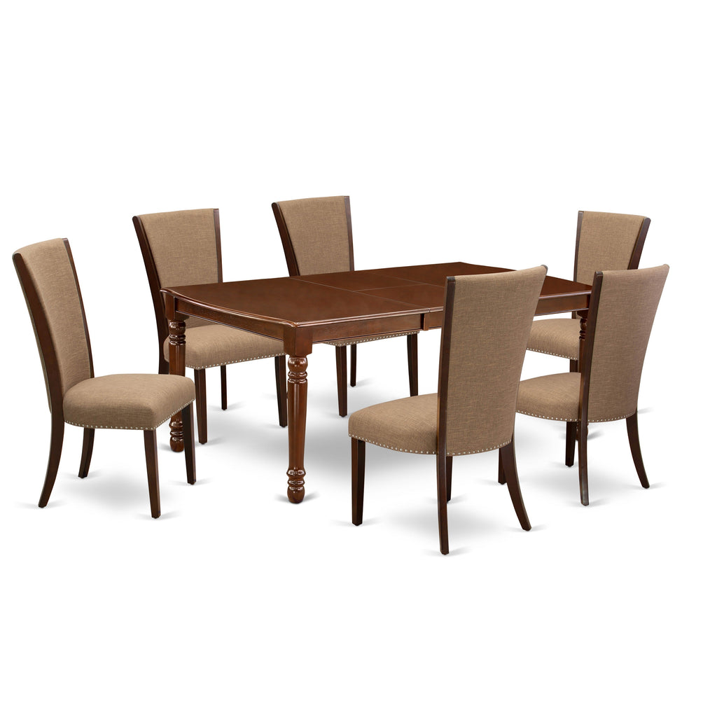 East West Furniture DOVE7-MAH-47 7 Piece Dining Table Set Consist of a Rectangle Butterfly Leaf Kitchen Table and 6 Light Sable Linen Fabric Parsons Chairs, 42x78 Inch, Mahogany